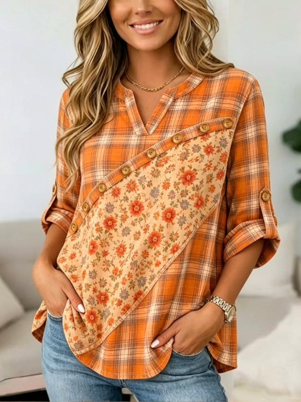 Plaid Floral Print Patchwork Roll-Tab Tunic