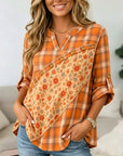 Plaid Floral Print Patchwork Roll-Tab Tunic