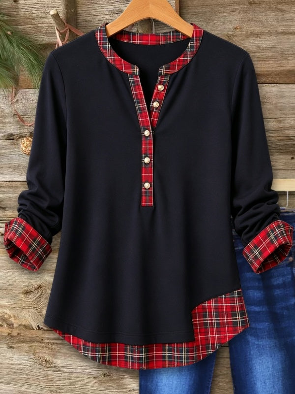 Plaid Patchwork Split Neck Long Sleeve Tunic