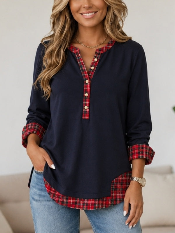Plaid Patchwork Split Neck Long Sleeve Tunic