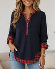 Plaid Patchwork Split Neck Long Sleeve Tunic