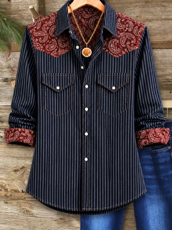 Paisley Patchwork Pinstripe Collared Shirt