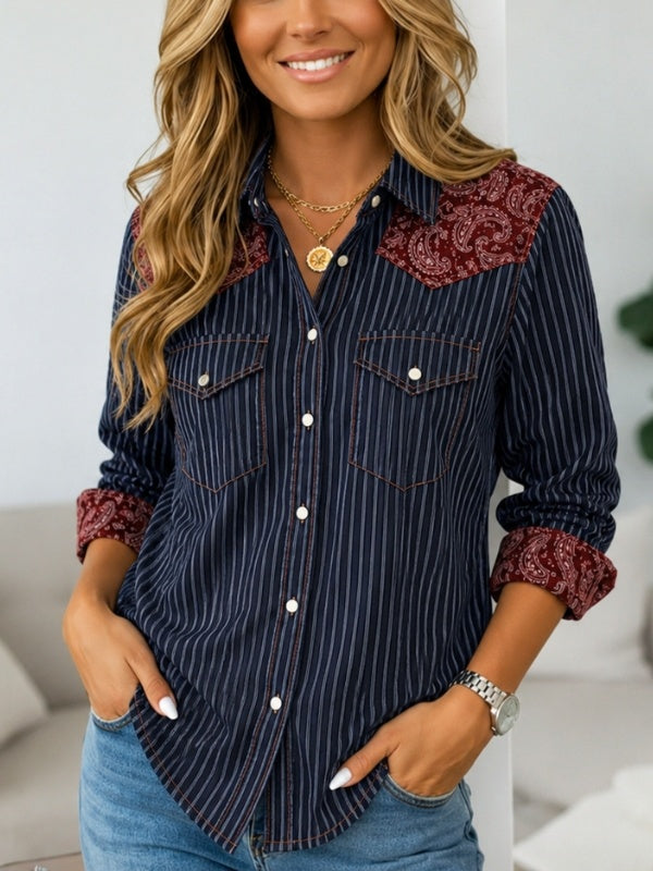 Paisley Patchwork Pinstripe Collared Shirt