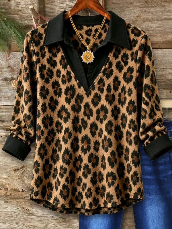 Leopard Print Contrast Collar V-Neck Tunic