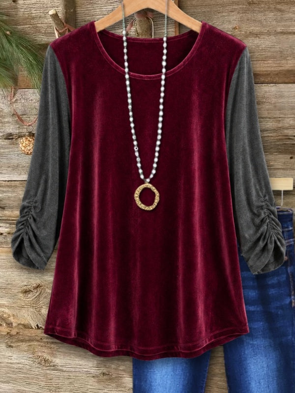 Velvet Patchwork Ruched Sleeve Scoop Neck Top