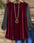 Velvet Patchwork Ruched Sleeve Scoop Neck Top