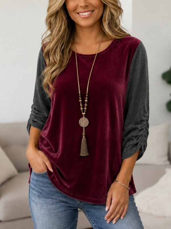 Velvet Patchwork Ruched Sleeve Scoop Neck Top
