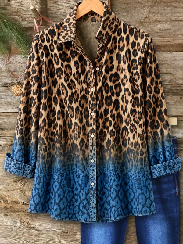 Ombre Leopard Print Collared Button-Up Shirt