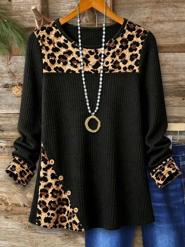 Leopard Patchwork Waffle Knit Round Neck Tunic