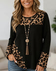 Leopard Patchwork Waffle Knit Round Neck Tunic