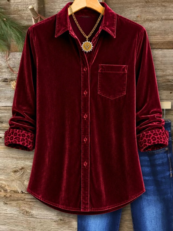 Velvet Leopard Cuff Collared Button-Up Shirt