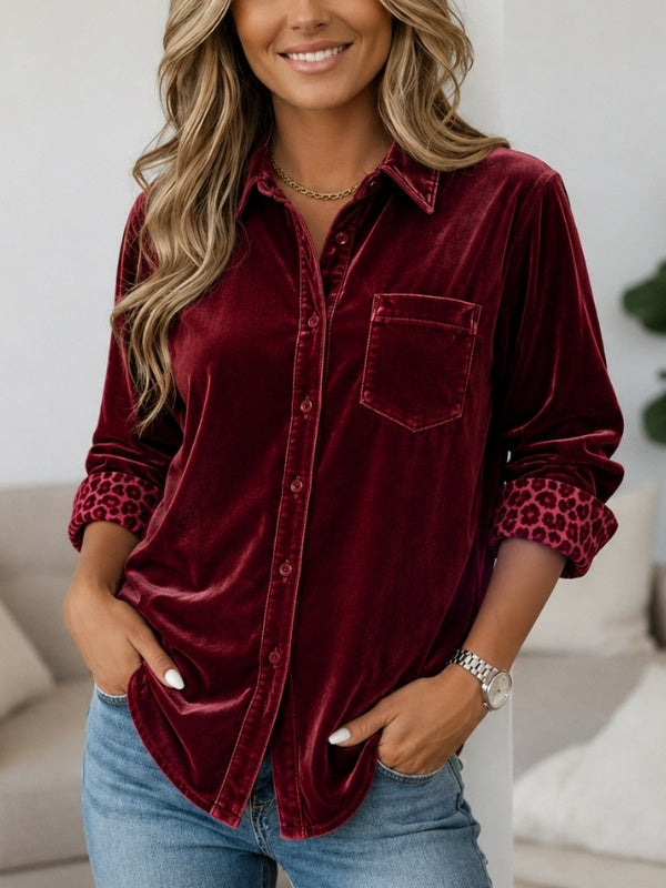 Velvet Leopard Cuff Collared Button-Up Shirt