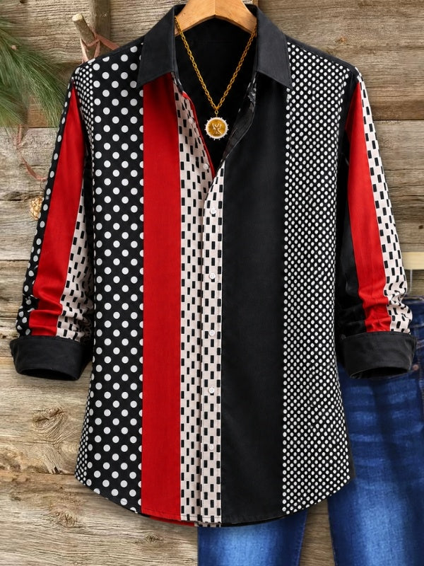 Polka Dot Geometric Patchwork Collared Shirt