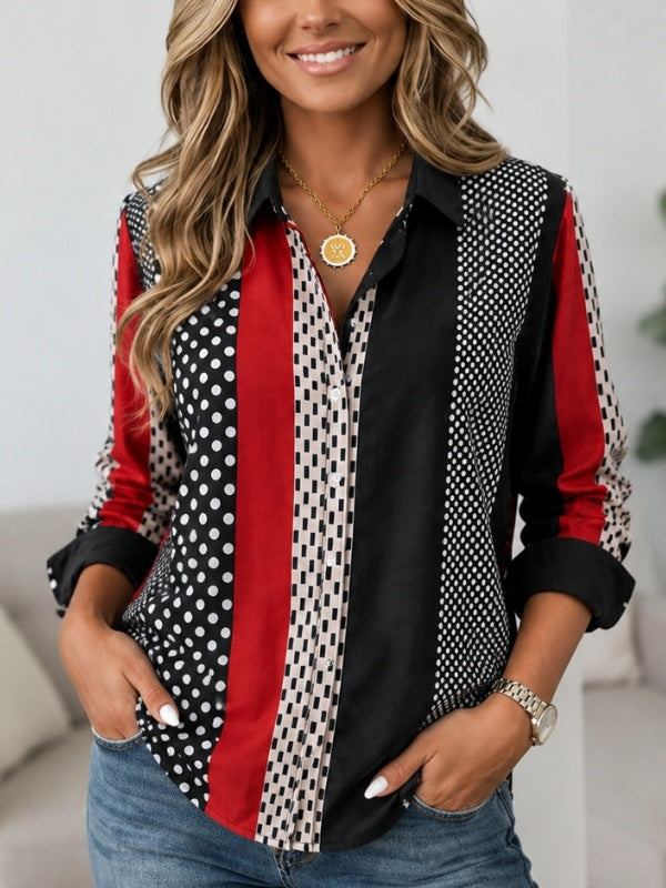 Polka Dot Geometric Patchwork Collared Shirt