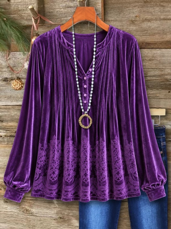 Velvet Embroidered Henley Neck Babydoll Top