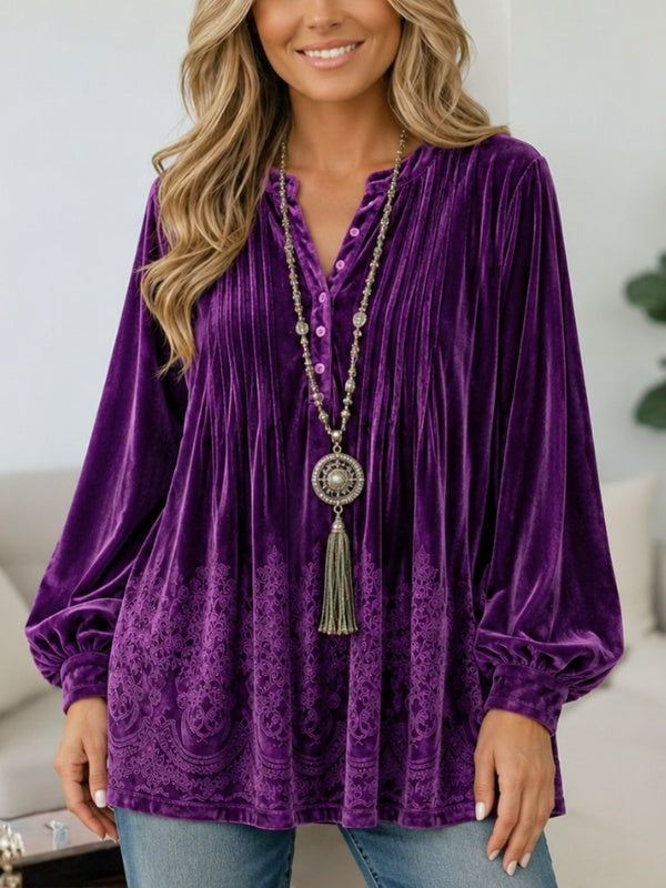 Velvet Embroidered Henley Neck Babydoll Top