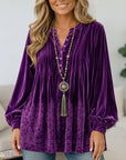 Velvet Embroidered Henley Neck Babydoll Top