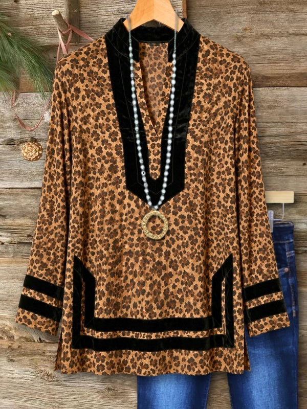 Leopard Print Velvet Trim V-Neck Tunic