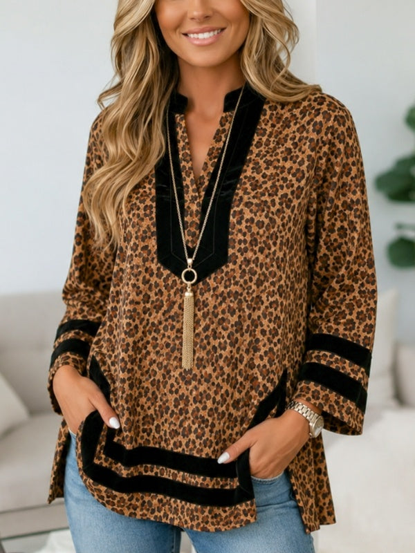 Leopard Print Velvet Trim V-Neck Tunic