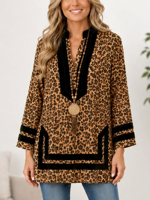 Leopard Print Velvet Trim V-Neck Tunic