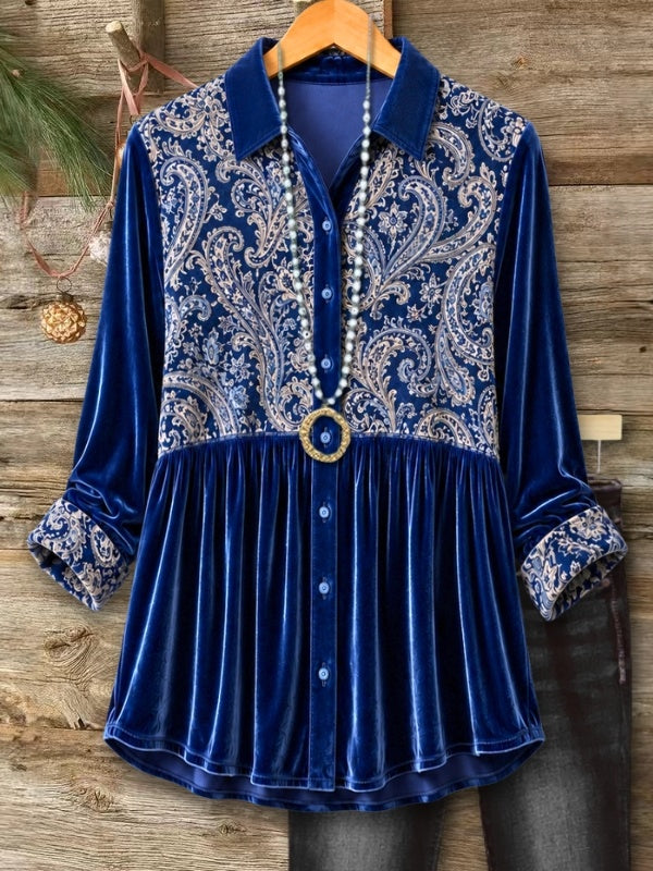 Paisley Print Velvet Patchwork Babydoll Shirt