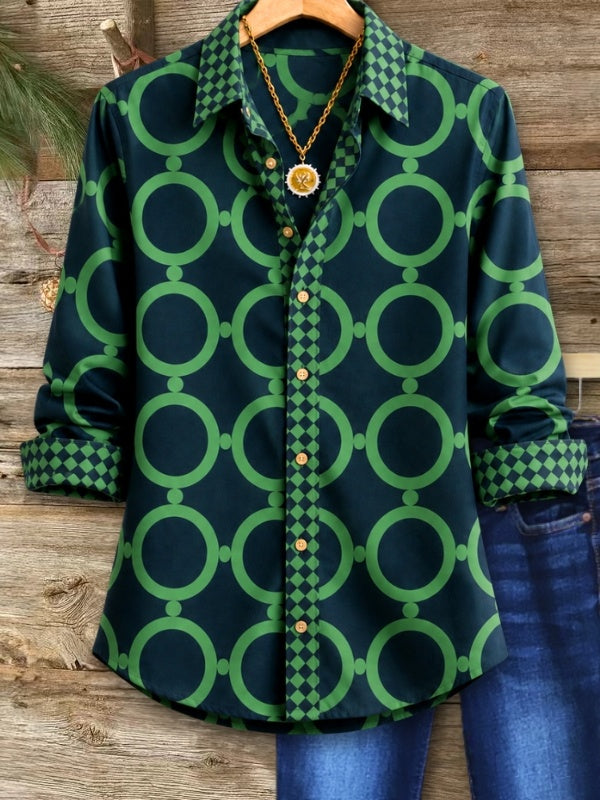 Geometric Print Contrast Trim Button Down Shirt
