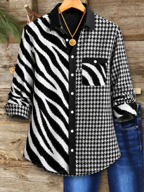 Zebra Houndstooth Patchwork Button Down Shirt