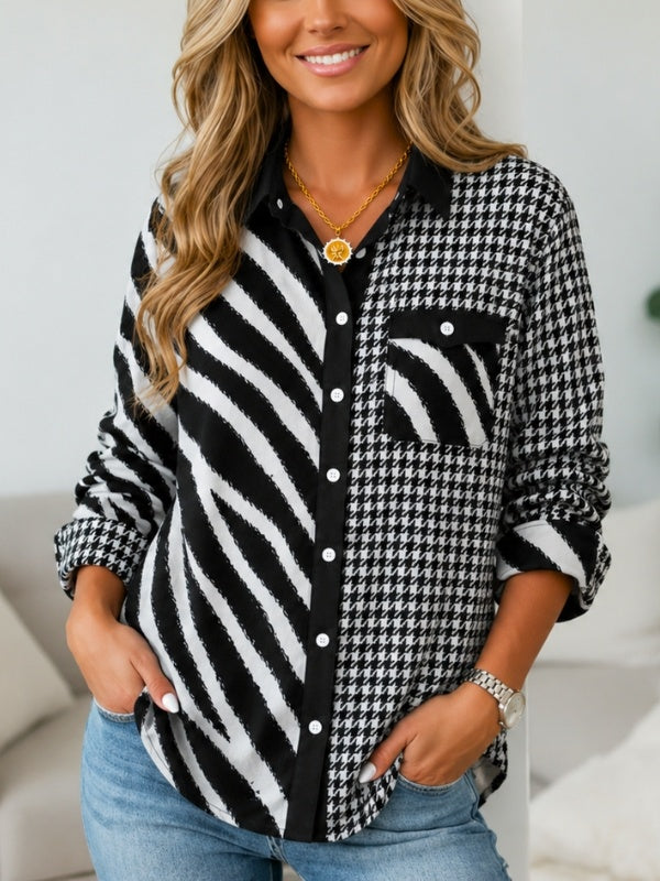 Zebra Houndstooth Patchwork Button Down Shirt