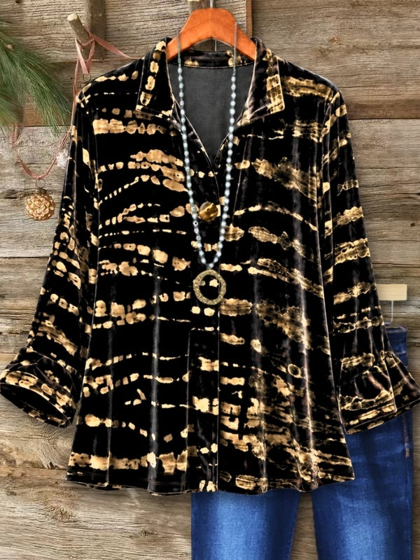 Abstract Print Velvet Button Front Babydoll Top