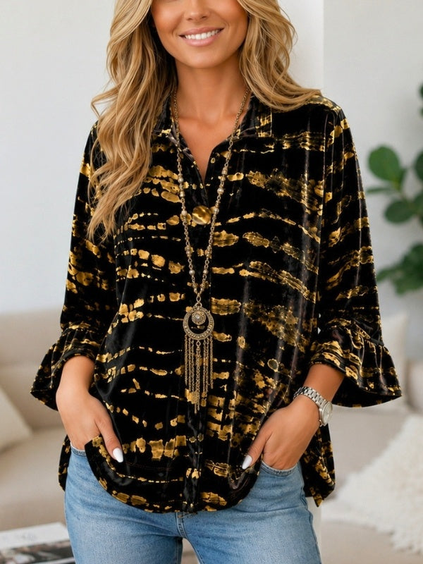 Abstract Print Velvet Button Front Babydoll Top
