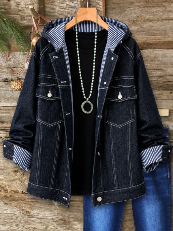Hooded Denim Jacket with Striped Contrast Trim