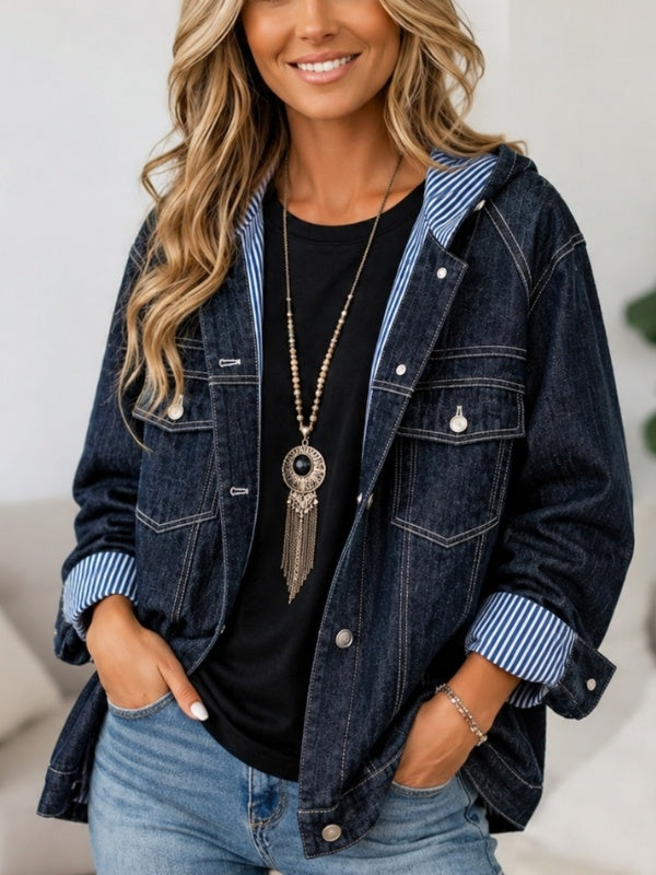 Hooded Denim Jacket with Striped Contrast Trim