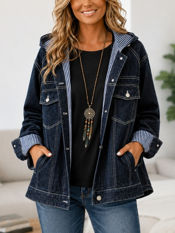 Hooded Denim Jacket with Striped Contrast Trim