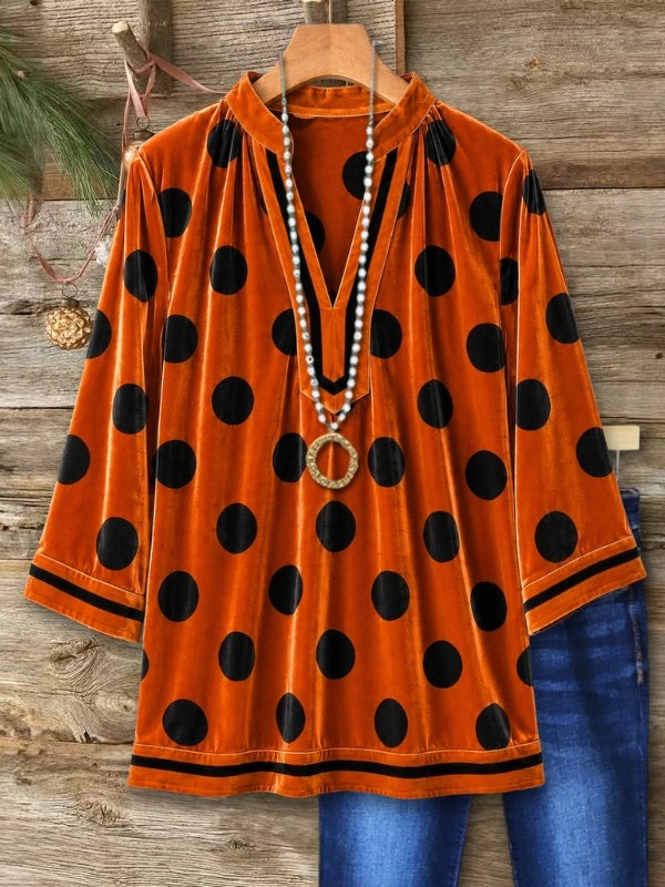 Polka Dot Velvet V-Neck Tunic Top