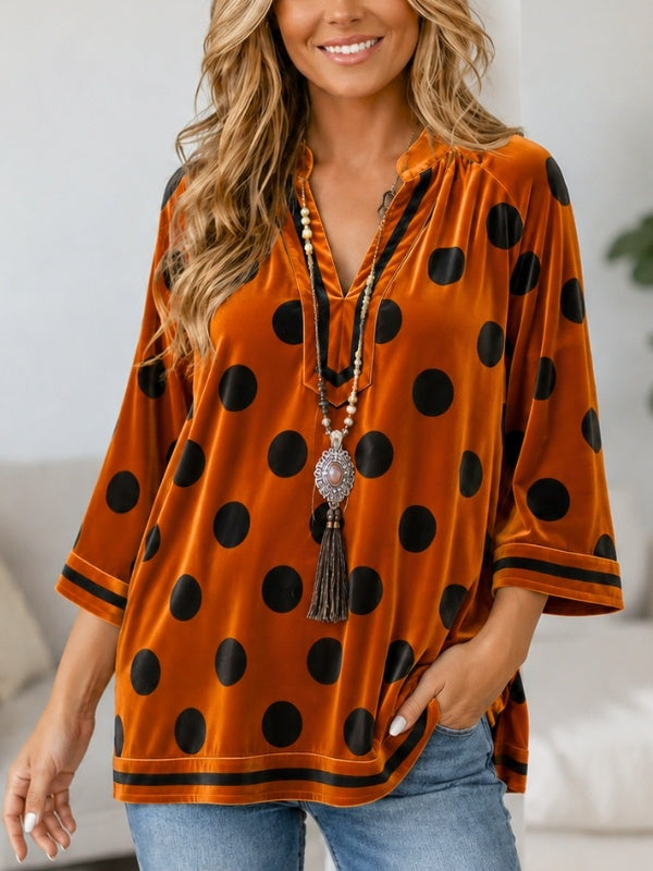 Polka Dot Velvet V-Neck Tunic Top