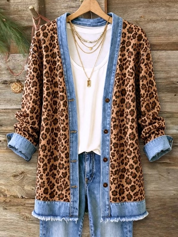 Leopard Print Denim Trim Longline Cardigan
