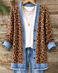 Leopard Print Denim Trim Longline Cardigan