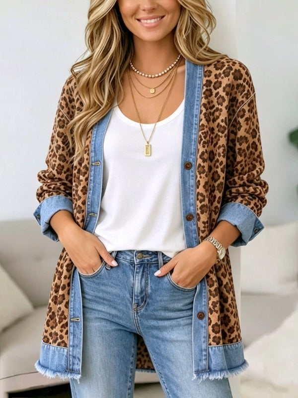 Leopard Print Denim Trim Longline Cardigan