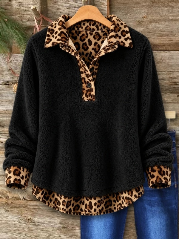 Leopard Trim Fleece Collared Pullover