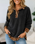 Leopard Trim Fleece Collared Pullover