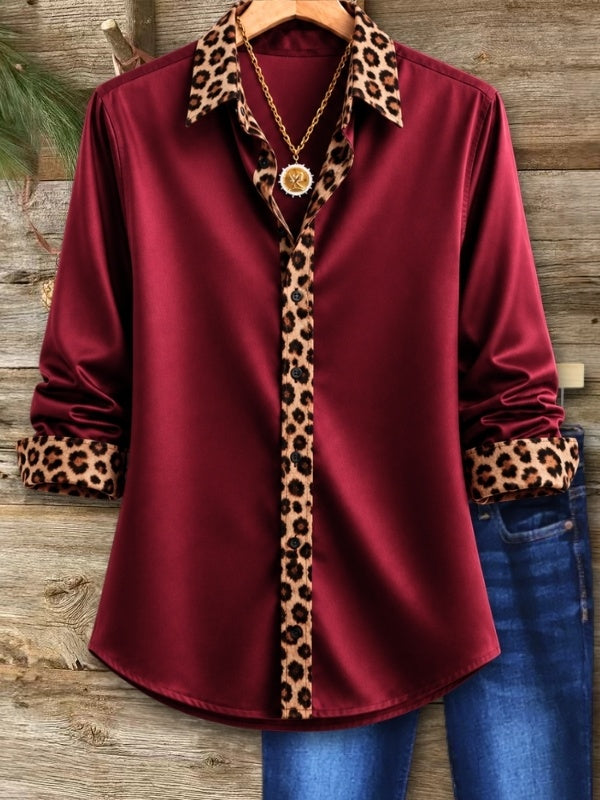 Leopard Trim Button-Up Satin Shirt