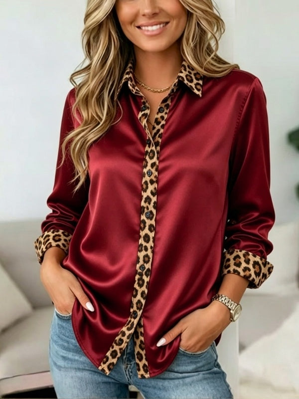 Leopard Trim Button-Up Satin Shirt