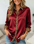 Leopard Trim Button-Up Satin Shirt