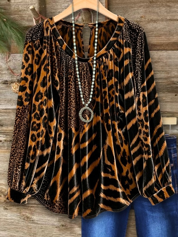 Leopard Patchwork Scoop Neck Velvet Top