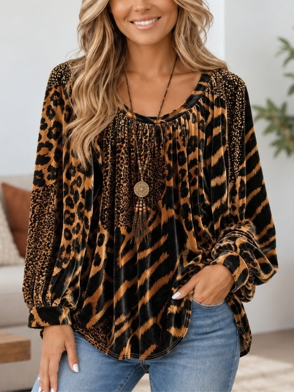 Leopard Patchwork Scoop Neck Velvet Top