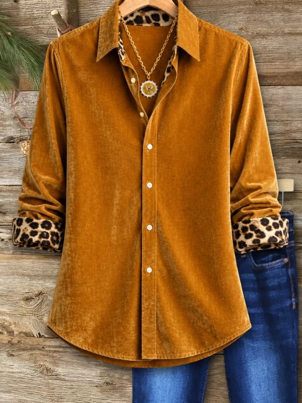 Leopard Trim Velvet Button-Up Shirt