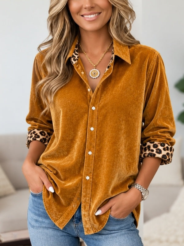 Leopard Trim Velvet Button-Up Shirt