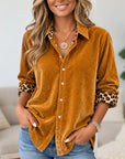 Leopard Trim Velvet Button-Up Shirt
