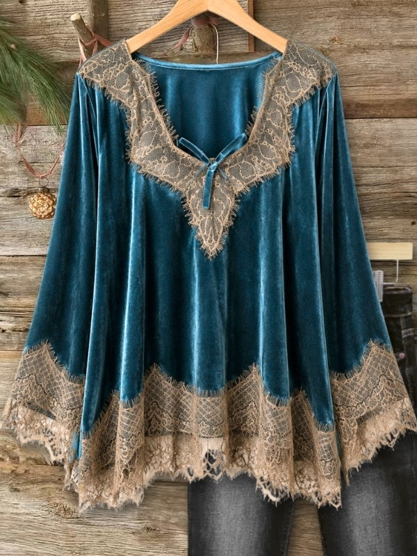 Lace Trim V-Neck Velvet Tunic