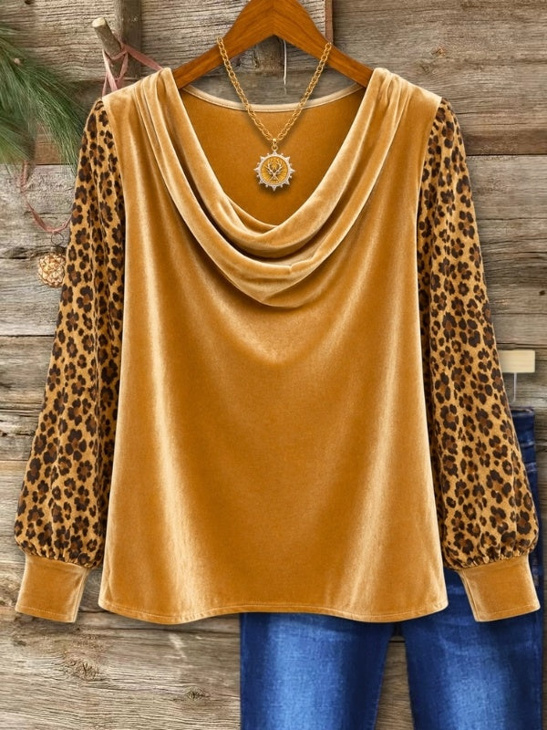 Leopard Sleeve Cowl Neck Velvet Top